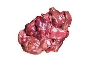 Raw chicken liver, fresh fowl giblets on wooden board. Isolated, white background. photo