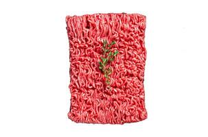 Raw mince ground beef and pork meat Isolated on white background, top view. photo
