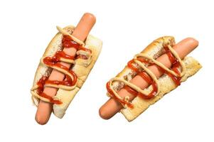 Hot Dog with Yellow Mustard and red ketchup. Isolated on white background. photo