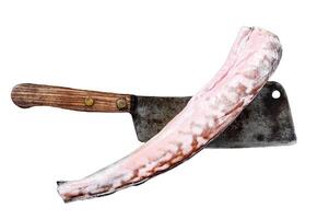 Raw king klip, congrio fish on a cleaver Isolated on white background. Top view. photo