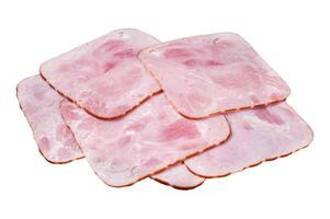 Square Slices of pork ham on wooden table. Isolated, white background. photo