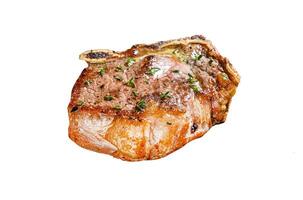 Grilled striploin steak on the bone or new york steak. Isolated on white background, Top view. photo