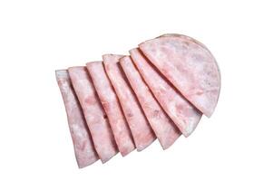 Sliced prosciutto ham on wooden cutting board. Isolated on white background. photo