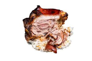 Roast Pork Ham Hock, knuckle with Sauerkraut on a plate. Isolated on white background. photo