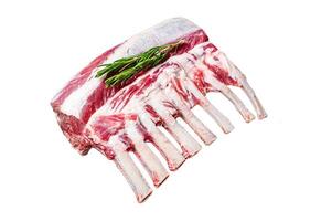 Raw fresh rack of lamb meat Isolated on white background, Top view. photo