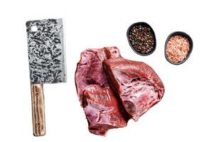 Raw sliced Beef or veal heart on a cutting board with meat cleaver. Isolated, white background. photo