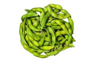Green Edamame Beans, raw soy beans ready for cooking. Isolated, white background. photo