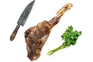 BBQ Roasted lamb mutton leg with herbs and spices on a grill. Isolated, white background. photo