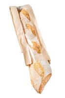 Fresh baguette in a paper craft bag. Isolated on white background. Top view. photo