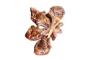BBQ grilled lamb mutton meat chops steaks on a plate. Isolated on white background, top view. photo
