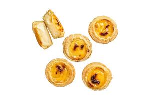 Custard Tarts Pasteis de Belem, Portuguese pastel de Nata. Isolated, white background. photo