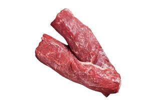 Uncooked lamb loin fillet, Mutton raw meat on butcher cleaver. High quality Isolate, white background. photo