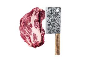 Raw marbled meat Steak on butcher table, uncooked beef chuck eye roll steak. Isolated, white background. photo