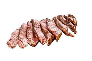 Sliced grilled filet Mignon steak Isolated on white background. Top view. photo