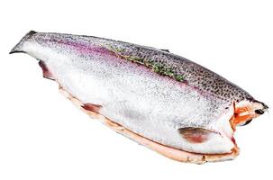 Fresh rainbow trout fish marinated with salt and thyme. Isolated on white background. Top view. photo