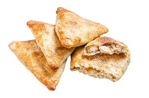 Baked samosa with chicken and cheese, samsa pies. Isolated, white background. photo