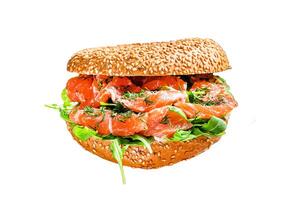 Smoked salmon bagels sandwich with soft cheese and arugula Isolated on white background. Top view. photo