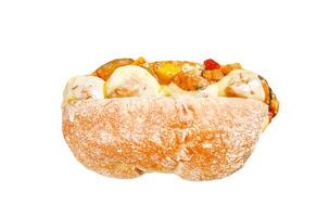 ciabatta sandwich with meatballs, cheese and tomato sauce. Isolated on white background. Top view. photo