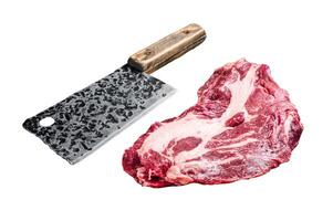 Raw marbled meat Steak on butcher table, uncooked beef chuck eye roll steak. Isolated, white background. photo