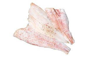 Uncooked ocean red perch fillet, redfish with herbs and spices. Isolated, white background. photo