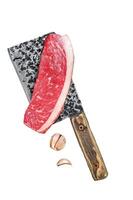 Fresh Raw top sirloin beef meat steak on a butcher cleaver. Isolated on white background, top view. photo