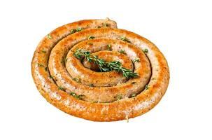 BBQ spiral sausage from pork and beef meat on Isolated on white background, Top view. photo