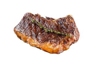 Grilled Striploin beef meat steak or new york steak on a grill rack. Isolated, white background. photo