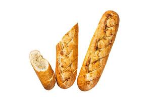 Garlic butter bread, baked baguette with herbs. Isolated on white background, top view. photo