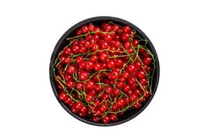 Red currant berries in a pan. Isolated, white background. Top view. photo