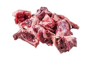Raw lamb meat stew cuts with bone. Isolated on white background. photo