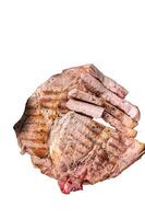 Grilled meat - Pork steaks from neck fillet meat in plate with pickled cucumbers. High quality Isolate, white background. photo