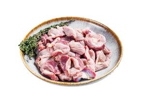 Raw chicken stomachs offals in a plate with herbs. Isolated on white background. photo