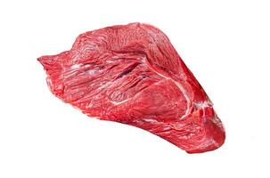 Piece of Raw beef meat for stew with herbs on butcher cutting board. Isolated, white background. photo