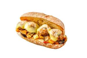 Submarine sandwich with meatballs, ricotta cheese. Isolated on white background. photo