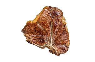 BBQ Grilled t-bone beef meat Steak with herbs on a plate. Isolated on white background. photo