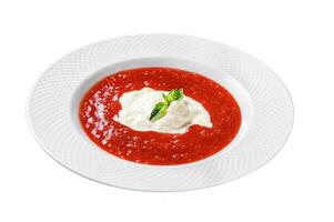 Strawberry puree and Buffalo mozzarella. Isolated on white background. Top view. photo