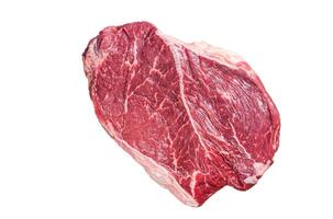 Dry aged raw beef round steak cut on a butcher table. Isolated on white background. photo
