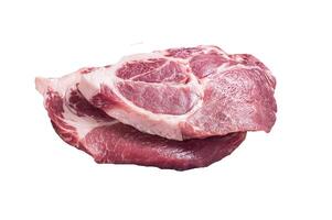 Fresh pork tender steaks from raw neck meat on butcher meat cleaver with salt and thyme. High quality Isolate, white background. photo