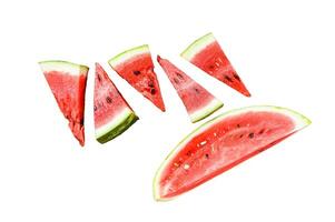 Heap of fresh red sliced watermelon Isolated on white background. Top view. photo
