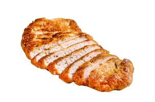 Breaded viennese schnitzel Isolated on white background. Top view. photo