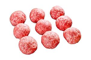 Raw meatballs made from ground beef. Isolated on white background. Top view. photo