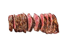 Grilled roasting rare sliced vegas strip steak. Marble meat beef. Isolated on white background. Top view. photo