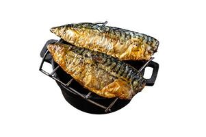 Grilled mackerel fish fillet on a grill. Isolated on white background. Top view. photo