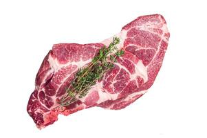 Raw Pork steaks, fresh meat on butcher table. Isolated on white background. photo