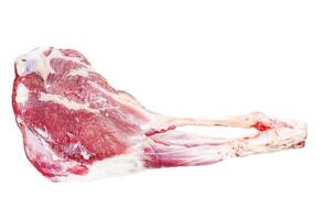 Goat leg with pepper and garlic. Raw Farm meat. Isolated on white background. Top view. photo