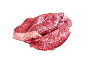 Fresh raw beef meat sirloin steaks, herbs and spices around cutting board. Isolated on white background. photo