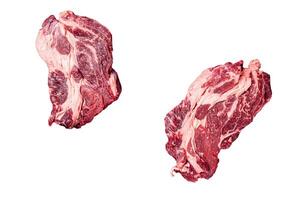 Fresh marbled meat Steaks with meat knife and fork table, beef rib eye steak. Isolated on white background. photo