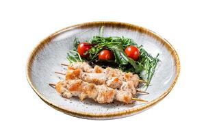 Chicken skewers souvlaki, grilled meat shish kebab skewers. Isolated on white background. photo