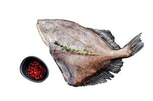 Raw fresh whole John Dory fish with spices and herbs for cooking. Isolated on white background. Top view. photo