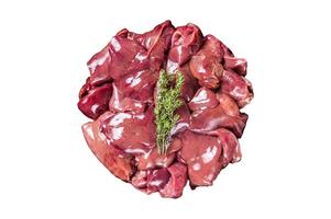 Uncooked Raw chicken liver, poultry offals in steel plate. Isolated, white background. photo